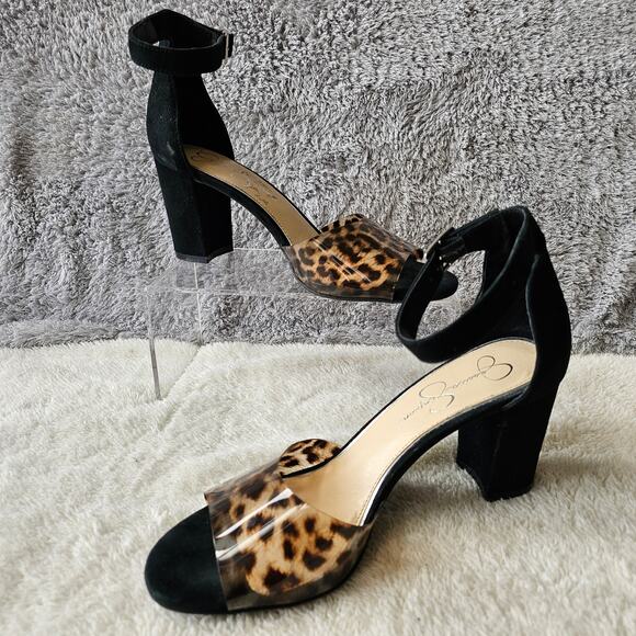 Jessica Simpson Women's Sherron Clear Leopard Block Heel Sandals Size‎ 10M Black - Picture 1 of 6